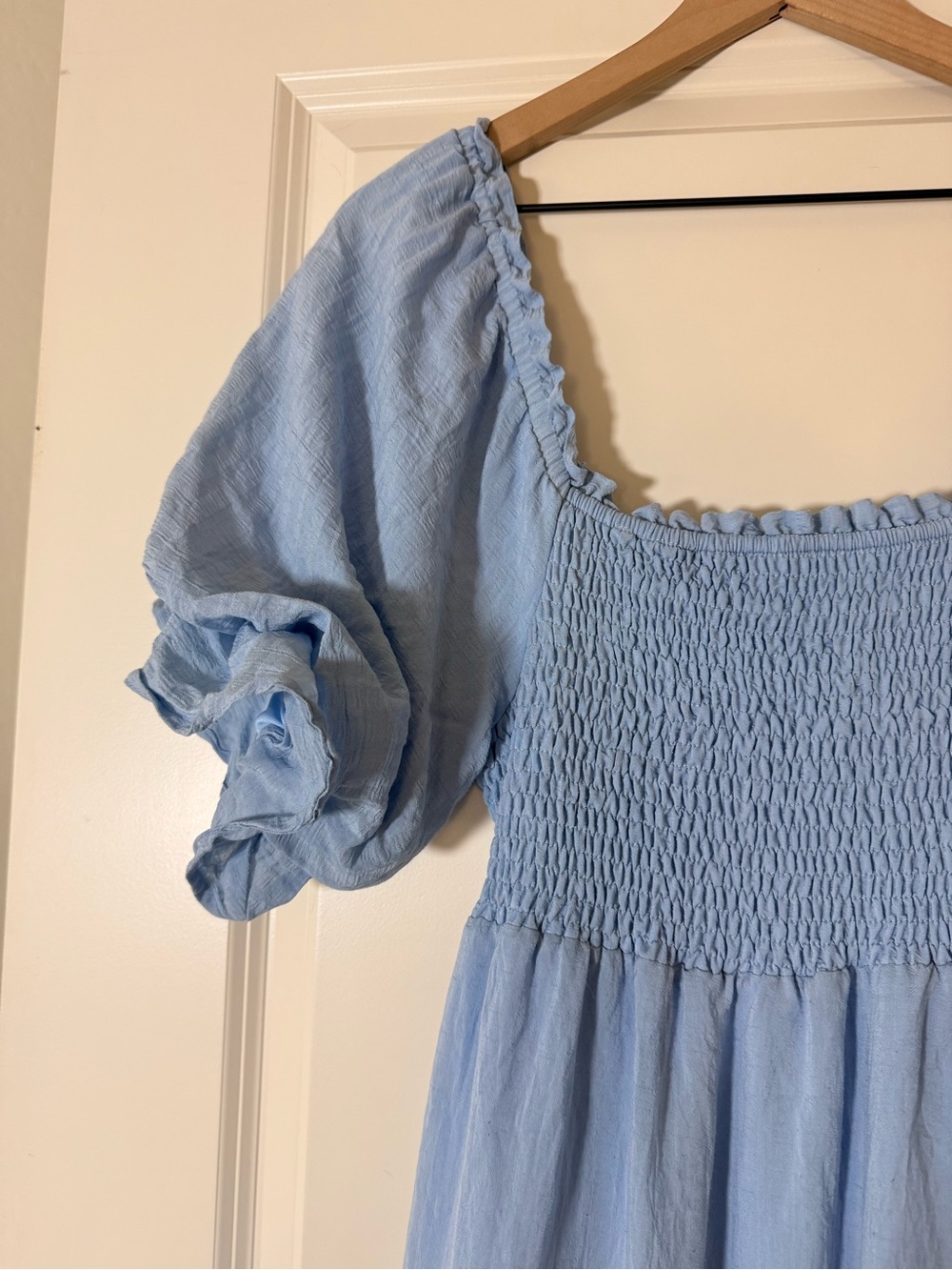Morning Lavender Smocked Bodice Light Blue Maxi Dress with Puff Sleeves - Picture 4 of 6